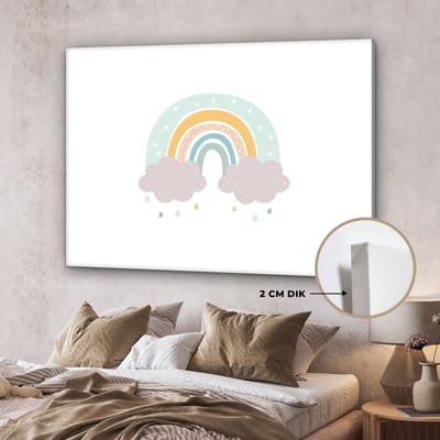 Canvas schilderij kinderen - Kinderkamer decoratie - Regenboog - Pastel - Kinderen - Wolken - Slaapkamer decoratie - Canvas doek kids - 160x120 cm
