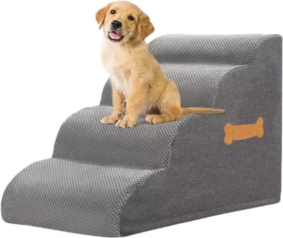Livista Hondentrap – 4 Treden – Hondentrap voor Bank en Bed – Honden Opstapje – Antislip – Comfortabel Schuim 30D – Afneembare Wasbare Hoes – Grijs