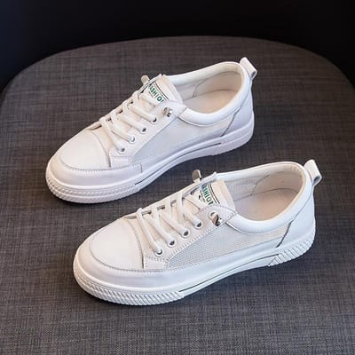 Leren Kleine Witte Schoenen Dames Zomer Nieuw Alles-passend Mesh Ademend Casual Sportschoenen Platte Witte Schoenen 40 gray