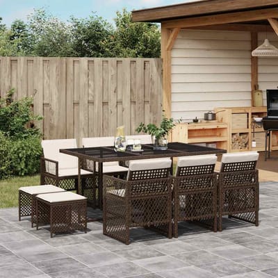 vidaXL - 11-delige - Tuinset - met - kussens - poly - rattan - bruin