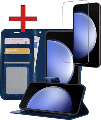 Hoesje - Met Screenprotector - Geschikt voor Samsung Galaxy S23 FE - Luxe Pasjeshouder - Flipcase - Bookcase Portemonee - Flip Case - Kunstleer Book Case - Book Cover - Walletcase - Portemonneehoes - Telefoonhoes - Donkerblauw