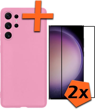Hoes - Met 2x Screenprotector - Geschikt voor Samsung Galaxy S23 Ultra - Sterk & Shockproof - Back Cover - Siliconen Case - Telefoon Hoes - Lichtroze