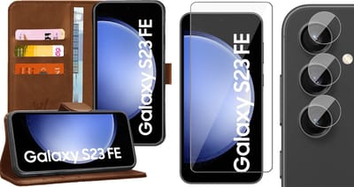 Hoesje geschikt voor Samsung Galaxy S23 FE - Screenprotector Glas & Camera - Portemonnee Book Case Bruin