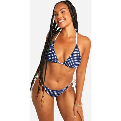 boohoo Dames Plus Gingham Tie Side Bikini Brief | Blauw | Maat: 50