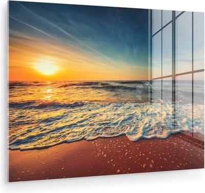 MuchoWow® Glasschilderij 160x120 cm - Schilderij acrylglas - Strand - Zee - Zonsondergang - Goud - Foto op glas - Muurdecoratie woonkamer - Wanddecoratie slaapkamer - Schilderijen