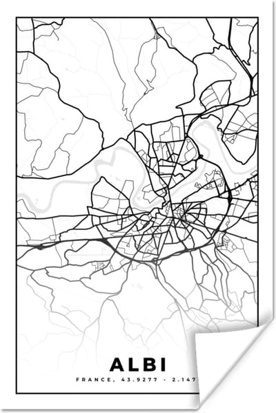 Poster Stadskaart - Frankrijk - Kaart - Plattegrond - Albi - Zwart wit - 120x180 cm XXL