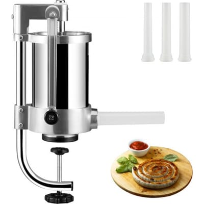 VEVOR Handmatige worstvulmachine, worstvulmachine, 1,5 L, roestvrij staal + aluminium, professionele zilveren worstmachine inclusief 16 / 19 / 22 mm vulbuizen, verticale worstpers met tafelklem, zelfgemaakt