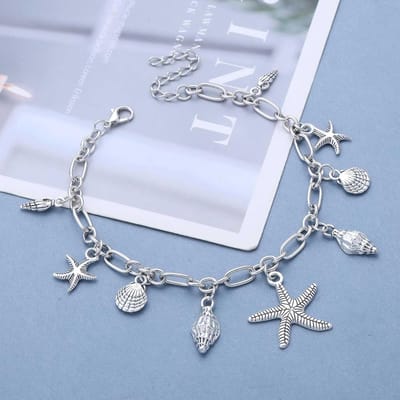 Boho Anklet - Shell Starfish Armband - Strand Accessoire - Zilverkleurig Metaal - Verstelbaar - Zilver
