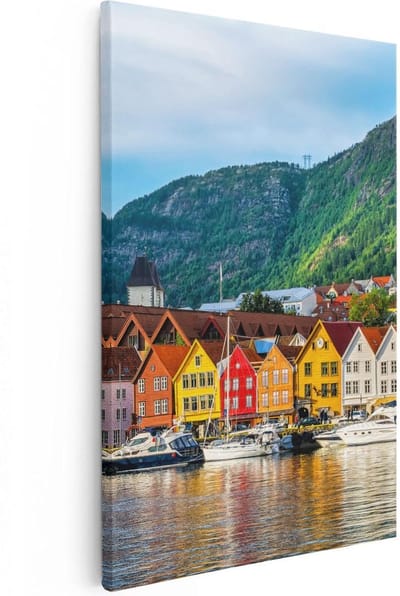 Artaza Canvas Schilderij Haven Bergen - 20x30 cm - Klein - Wanddecoratie Zeilboot - Muurdecoratie Skyline - Kamer Accessoires