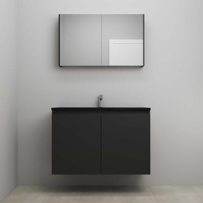 On-Line Badkamermeubelset - 100 cm - Bouwpakket - Greeploze Ladestructuur - Acryl Wastafel - 1 Kraangat - Spiegelkast - Mat Zwart