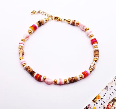 Jeannette-Creatief® - Enkelbandjes - Beach - Enkelbandje Kokos Schelp Pink Red Orange Gold - Enkelband - Enkelbandje - Kokoskralen - Schelpkralen - Heishi kralen - Miyuki Rocailles Galvinised Gold- Enkelbandjes Schelp - Enkelbandjes Kokos - Moederdag