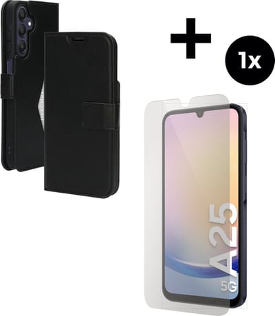 Mobiparts Classic Wallet hoesje geschikt voor Samsung Galaxy A25 met 1 Screenprotector van Gehard Glas - Zwart