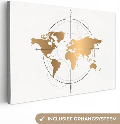 Canvas schilderij - Wereldkaart goud 90x60 - Kamer decoratie accessoires - Schilderijen wereld kaart woonkamer - World map wanddecoratie slaapkamer - Muurdecoratie keuken - Wanddoek interieur binnen - Woondecoratie huis - Woonaccessoires