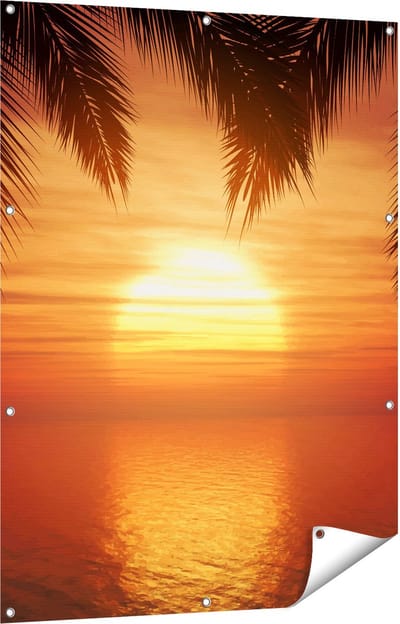 Gards Tuinposter Zonsondergang op het Strand met Palmbomen - 90x120 cm - Tuindoek - Tuindecoratie - Wanddecoratie buiten - Tuinschilderij