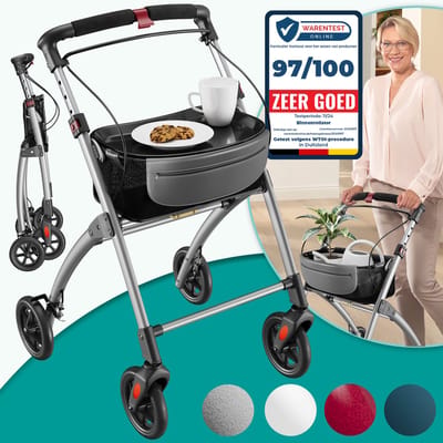 ELONEO Lichtgewicht Rollator – 54 cm - Opvouwbaar met Dienblad & Stoffen Mandje - Aluminium