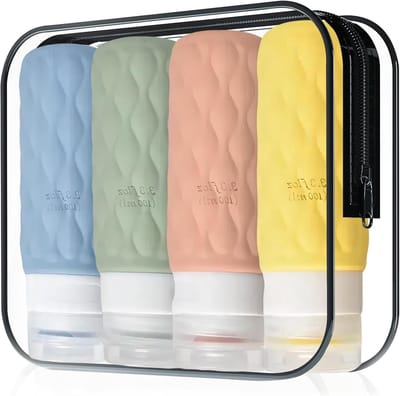 Set van 4 Levensmiddelenflesjes voor Reizen - 100 ml Levensmiddelencontainers, Lekvrije Reistassen met Transparante Toilettas, Herbruikbare Flesjes voor Shampoo en Toilettenproducten