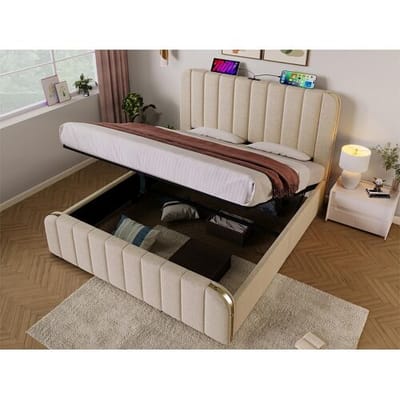 ModernLuxe Opbergbed 160x200cm in linnenstof - met USB & Type-C opladen - versierd met gouden strepen - Beige