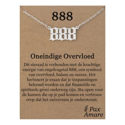 888 Engelen Getal Ketting op Cadeau Kaartje - Zilverkleurig - Stainless Steel Spirituele Hanger - 45cm + 5cm verstelbaar - Pax Amare
