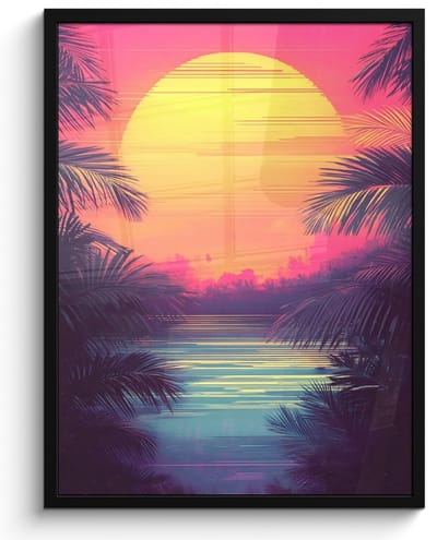 Poster in lijst - Fotolijst 50x70 cm - Posters - Zon - Geel - Palmbomen - Tropisch - Posterlijst zwart - Decoratie - Wanddecoratie woonkamer - Muurdecoratie slaapkamer