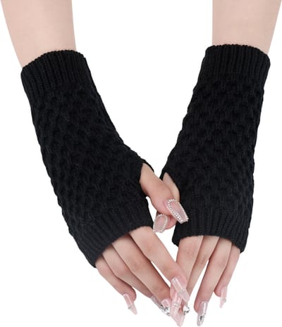 Winkrs - Zwarte Polswarmers gebreid Wafelpatroon - Vingerloze handschoenen 20CM