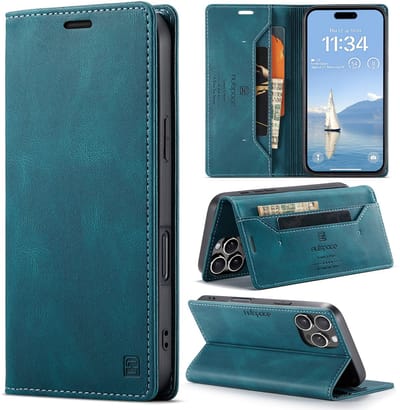 Luxe Flip Case met RFID Bescherming Kaarthouder en Magneetsluiting voor Apple iPhone 16 Pro _ Blauw