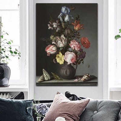 Bloemen in een vaas met schelpen en insecten DIY diamant borduurwerk kruissteek 20X30 gray