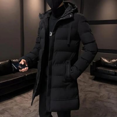 Doudoune longue à capuche et manches longues pour homme, trench-coat quotidien moyen et long avec cordon de serrage en coton d'hiver M noir