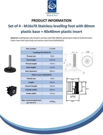 Roestvrijstalen stelpoot M16x70, 80 mm kunststof voet + inzetstuk 40x40x1,5 mm – Set van 4