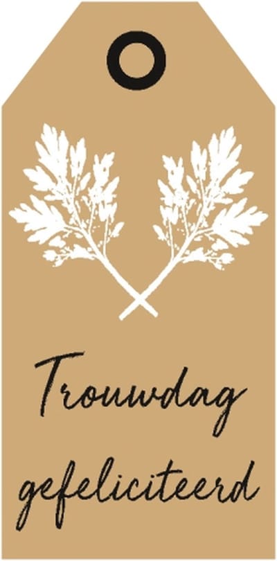 Cadeaukaartje - "Trouwdag Gefeliciteerd" - Bloemenkaartje - Bloemenlabel - Bruin Kraft - 10 x 5 cm - 20 stuks - Met Boorgaatje