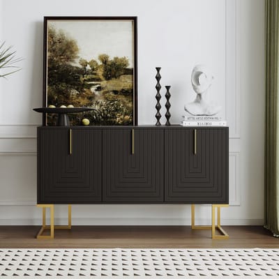 Sweiko Modern 3-deurs Dressoir met verstelbare planken, U-vormige kastdeuren en metalen handgrepen en voet voor eetkamer en keuken, Zwart