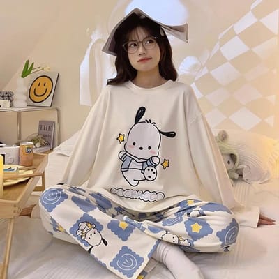 Lente en Herfst Pyjama Vrouwelijk Lange Mouwen Schattige Cartoon Kan Buiten Gedragen Worden College Stijl Huiskleding Dames Zachte Nachtkleding M white