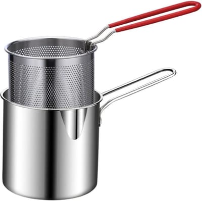 2 stuks - Kleine Frituur Pan - Kleine Frituur Pan - Friteuse - Inclusief Frituurmandje - Frituurpan met Korf - Friteuse van roestvrij staal - Frituur Pan - RVS - Ergonomisch ontworpen - handig voor het bakken van vis en koken