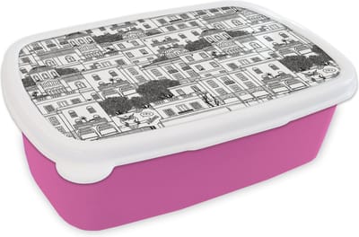 Broodtrommel Roze - Lunchbox - Brooddoos - Patronen - Athene - Huis - 18x12x6 cm - Kinderen - Meisje