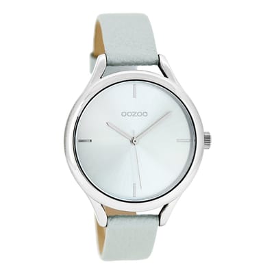 OOZOO Timepieces - Zilverkleurige horloge met licht blauwe leren band - C8346