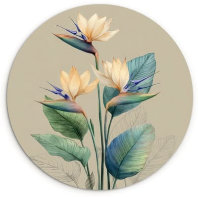 WallCircle® Wandcirkel 120x120 cm - Muurcirkel Paradijsvogelbloemen - Blauwgroene bladeren - Beige - Muurdecoratie woonkamer - Wanddecoratie slaapkamer - Kamer decoratie accessoires - Ronde schilderijen XXL