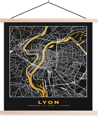 Posterhanger incl. Poster 40x40 cm - Schoolplaat - Stadskaart – Plattegrond – Kaart – Lyon - Frankrijk - Textielposter - Blanke latten - Stadskaart