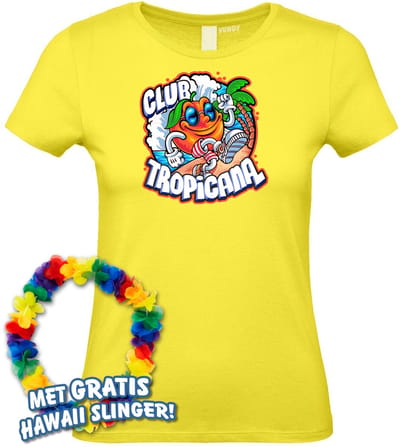 Dames t-shirt Tropical Orange Sunrise | Toppers in Concert 2024 | Club Tropicana | Hawaii Shirt | Ibiza Kleding | Lichtgeel Dames | maat XS
