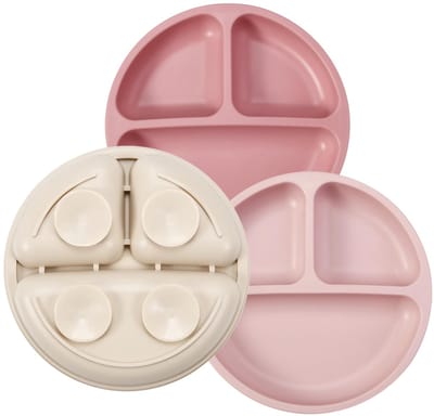Set van 3 verdeelde borden van onbreekbaar silicone voor baby's en peuters, antislip, vaatwasser- en magnetronbestendig, silicone (roze/linnen/lichtroze)