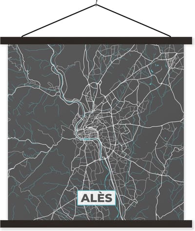 Posterhanger incl. Poster 60x60 cm - Schoolplaat - Alès - Frankrijk - Stadskaart - Kaart - Plattegrond - Textielposter - Zwarte latten - Stadskaart