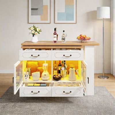 KOMHTOM - Uitschuifbare bartafel met opbergruimte - 360° draaibaar - Telescopisch - LED-verlichting - Hoge keukeneilandtafel - 135-203x39x92,8 cm - Wit