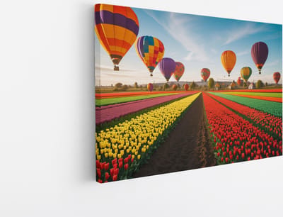 Saammp Canvas Schilderij - Landschap - Luchtballonnen boven een tulpenveld - Natuur - 45x30 - Foto op canvas - Wanddecoratie - Muurdecoratie Woonkamer - Slaapkamer decoratie - Canvas Print