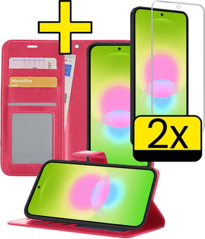 Hoesje - Met 2x Screenprotector - Geschikt voor Samsung Galaxy A27 - Luxe Pasjeshouder - Bookcase Portemonee - Flip Case - Kunstleer Book Case - Flipcase Hoes - Book Cover - Walletcase - Portemonneehoes - Telefoonhoesjes - Donkerroze