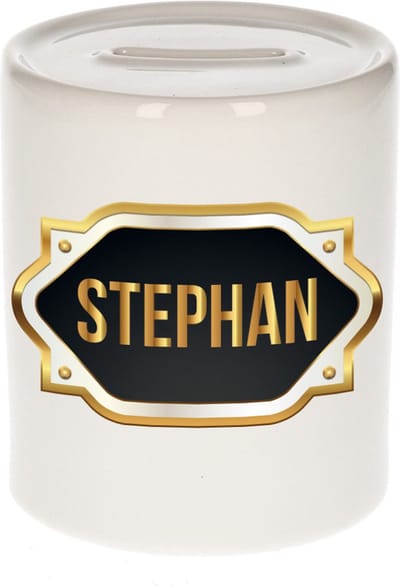 Spaarpot met voornaam Stephan - wit - met goud/zwart embleem - 8 x 9 cm - keramiek - met afsluitdop - cadeau verjaardag