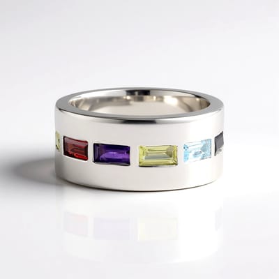 Cavill - Brede 925 Sterling Zilveren Ring - Platina Coating - 1,371 ct Zambia Amethist & Mozambikaanse Granaat - Luxe Edelstenen - Modern Design