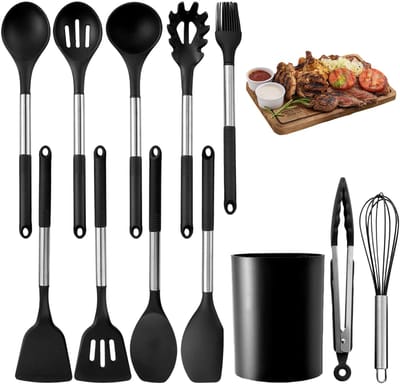 OKWISH Keukengerei-Sets – 12-Delig Siliconen Keukengerei Met Houder, Hittebestendig Tot 210°C – Rostvrij, Schmelzfest, Geschikt Voor Non-Stick – Zwart