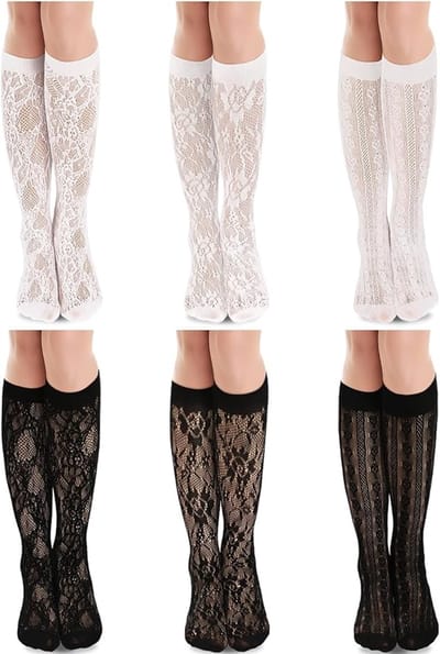 6 paar kanten sokken voor vrouwen, kanten kniekousen, mesh losse nylon enkelkniekousen voor vrouwen, meisjes, jurk, visnet, mesh, kant, uitgehold, (zwart, wit) - Cyslmuk®