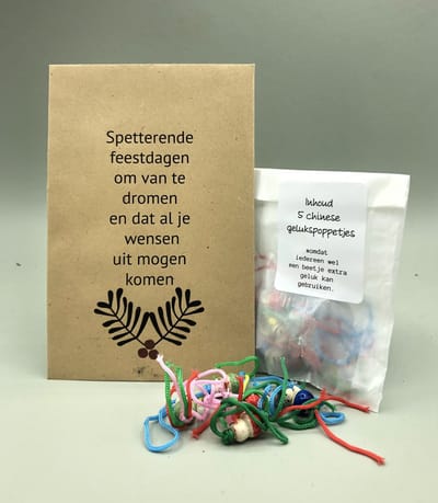 10 zakjes spetterende feestdagen om van te dromen en dat al je wensen uit mogen komen, gelukspoppetjes, wens, kleine kerstkadootjes, geluk, kerst, nieuwjaar,