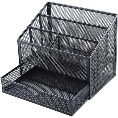 Organisateur de Bureau Maille Métallique Organisateur de Table de Bureau avec Tiroir pour Livres Stylos Agrafeuse Pinces à Dossier Notes gray