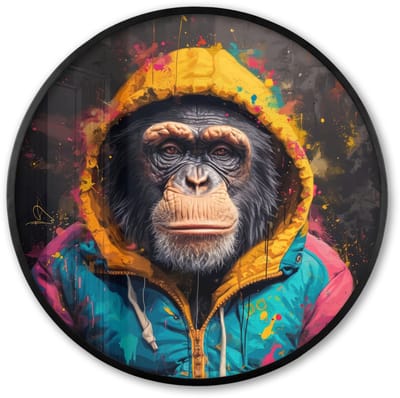 Poster in lijst Rond - Fotolijst 60x60 cm - Posters - Graffiti - Chimpansee - Jas - Aap - Verf - Ronde posterlijst zwart - Decoratie - Wanddecoratie woonkamer - Muurdecoratie slaapkamer