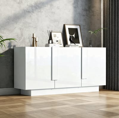 MIVRAY Dressoir - Hoogglans Opbergkast Met 3 Deuren - Verstelbare Vakken Voor Woonkamer En Eetkamer - Spaanplaat - 160x35x60 Cm Wit